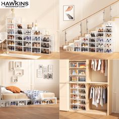 multiple pictures of the inside of a closet with clothes and shoes on shelves next to stairs