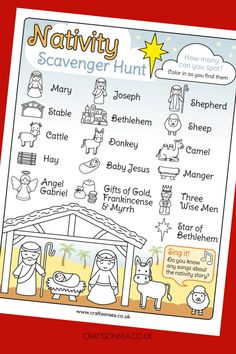 the nativity scavenger hunt is shown on a red background