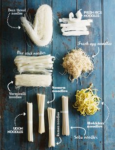 the ingredients needed to make pasta laid out on a blue wooden surface, including spaghetti and noodles