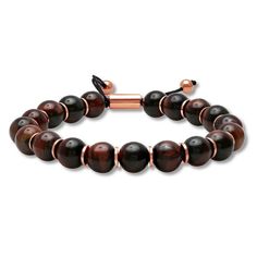 Tiger's eye quartz beads alternate with rose-gold-tone stainless steel plates in this distinctive bracelet for him. The bracelet adjusts up to 9.5 inches with the sliding bolo clasp. Cool Mens Bracelets, Men Stone Bracelet, Bracelet For Him, Pearl Diamond Jewelry, Stone Bead Jewelry, Cross Jewelry Necklace, Fan Jewelry, Mens Bracelets, Steel Plates