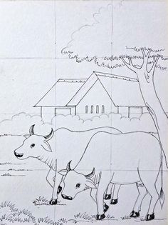 a drawing of two cows standing in front of a tree and house with a barn