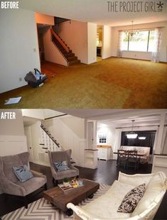 two pictures of a living room and dining room