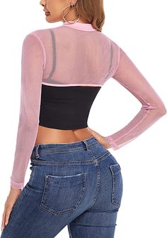 95% Polyester. 5% Spandex Pull On closure Hand Wash Only Material : This Mesh Crop Tops is made of 95% polyester 5% spandex. The skin friendly material is breathable and comfortable. so you will not feel itchy when wearing on it. Features: This long sleeve see through crop top features mesh material. mock neck. slim fit. pull on closure and perfect sleeve length. Simple but super trendy and eyecatching! Ocassion: You can pair this sheer crop tops with any dress/strappy clothes/sleeveless tops an Trendy Stretch Tops With Mesh Sleeves, Fitted Mesh V-neck Top, Fitted Pink Mesh Top, Pink Fitted Mesh Top, Fitted Tops With Mesh Sleeves For Workout, Pink Stretch Long Sleeve Crop Top, Pink Long Sleeve Stretch Crop Top, Mesh Long Sleeve Tops For Layering, Fitted Nylon Pink Tops