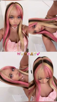 Fun Hair Color Placement, Gyaru Hair Color Ideas, Coquette Hair Dye Ideas, Blonde And Pink Lace Front Wig, Hair Color Ideas Cute, Blue And Pink Skunk Stripe Hair, Pink And Blonde And Brown Hair, Cute Short Hair Color Ideas, Hair Color Fun Colors