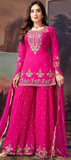 Pink and Majenta color Salwar Kameez in Georgette fabric with Embroidered, Resham, Thread work Pink Embroidered Salwar Kameez For Wedding, Pink Georgette Salwar Kameez For Festivals, Pink Georgette Salwar Kameez With Floral Embroidery, Formal Pink Georgette Salwar Kameez, Dress For Wedding Guest Indian, Pink Long Sleeve Georgette Salwar Kameez, Garara Suit, Engagement Mehendi, Senna Leaf