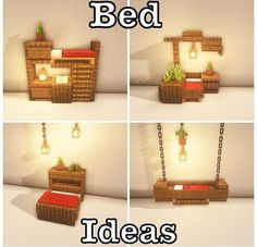 four different images of a bed and some plants