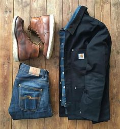 Jacket Layering, Shoes Jeans, Heavy Jacket, Mens Fashion Rugged, Carhartt Jacket, Outfit Grid, Rugged Style, Smart Casual Outfit, Stylish Mens Outfits