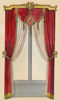 a drawing of a window with red curtains and gold trimmings on the windowsill