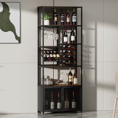 a wine rack filled with lots of bottles and glasses next to a wall mounted art piece