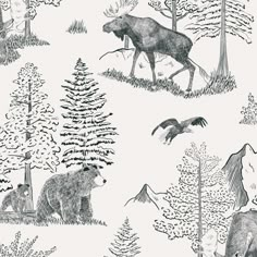 a drawing of animals in the woods with trees and mountains behind them, on a white background