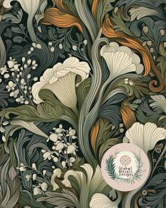 an artistic floral wallpaper design with leaves and flowers on it's side, in green