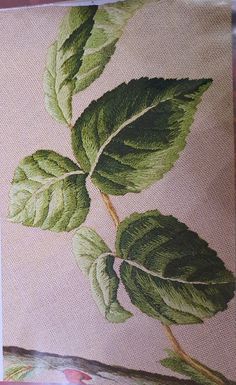 a painting of a green leaf on a pink background