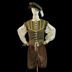 A complete look for your next Renaissance Faire, Festival, Larp, or other event! This costume includes a doublet, shirt, pants, and hat. Can be made in many colors, trimmed with either silver or gold details. The main fabric of the doublet is a durable micro suede and is lined with a non stretch two tone taffeta. The shirt is made of 100% cotton and can also be made in many different colors. The pants have a button closure and lacing tabs in the back for a perfect fit, and are made of a medium w Traditional Fitted Costume For Larp, Fitted Traditional Costumes For Larp, Tudor Gown, Barbie Fairy, Medieval Clothes, Fashion Reference, Fairy Princess, Fairy Princesses, Coordinating Colors