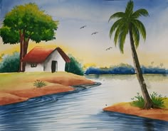 a painting of a house by the water with palm trees and birds flying over it