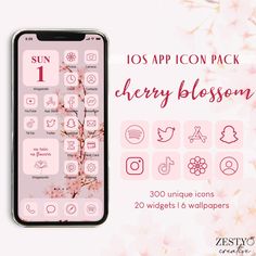 the cherry blossom icon pack is displayed on an iphone with pink flowers in the background