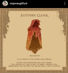 an autumn cloak with the words autumn cloak written below it, on a beige background