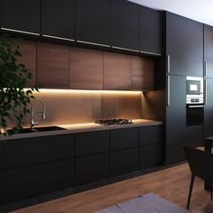 an image of a modern kitchen setting with black cabinets and wood flooring on the walls