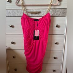 Cute Bodycon/Corset Dress From Pretty Little Thing. Gold Chain Straps To Add A Little Flare Hot Pink Corset, Corset Bodycon Dress, Dresses Hot Pink, Pink Corset, Pretty Little Thing, Corset Dress, Gold Chain, Pink And Gold, Hot Pink