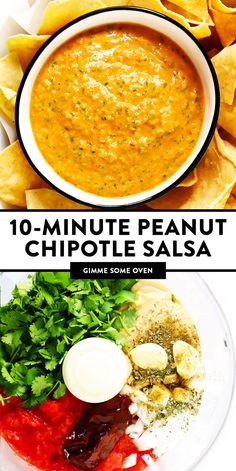 two pictures showing different types of chips and dips with the words 10 minute peanut chipotle salsa