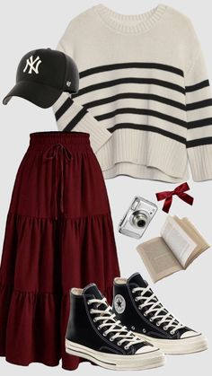 #burgundy #deepred #modestfashion #skirt #falloutfit #modest #christiangirl #schooloutfit #ootd #blackandwhite #outfitinspo #fashion #winteroutfit #fallaesthetic Modest Outfits Winter, Burgundy Skirt Outfit, Burgundy Skirt, Maxi Outfits, Modest Dresses Casual, Transition Outfits