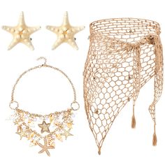 two starfish necklaces and a netted bag with pearls on it, one in gold