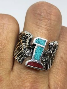 Vintage Native American Style Southwestern Real #jewelry #ring @EtsyMktgTool #wings #biker #men'sring #hanukkahgift #christmasgift Native American Style, Real Turquoise, Stone Inlay, Vintage Rock, Native American Fashion, Mens Ring, Men's Ring, Vintage Turquoise, Silver Flowers