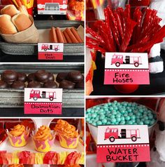 a fire truck themed birthday party with cupcakes, candy and candies on display