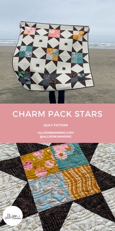 a woman holding up a quilt on the beach with text overlay that reads charm pack stars