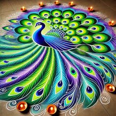 a peacock is shown with candles on the ground and it's feathers spread out