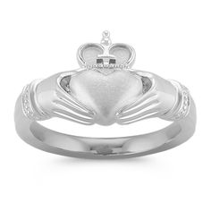 This engaging Claddagh ring is crafted from quality 14 karat white gold with a sandblasted finish.  This traditional Irish ring represents love  loyalty and friendship. Irish Ring, Gold Claddagh Ring, Irish Rings, Irish Design, Claddagh Ring, Claddagh Rings, Platinum Jewelry, Filigree Design, Sapphire Jewelry