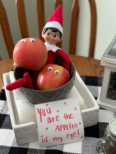 an elf is sitting on top of apples in a bowl with a sign that says you are the apple of my eye