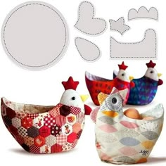 an image of three chickens in the shape of egg baskets with paper cutouts on them