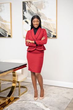 This beautiful burgundy women's skirt suit is made of a luxurious blend, cut to an elegant silhouette with a subtle peplum design that brings the blazer and skirt together. Black jewels adorn both the lapel and hemline for a touch of glamorous sparkle. Model is 5'8 wearing a size 4 68% polyester 30% viscose 2% spandex Peplum Design, Black Skirt Suit, Executive Woman, Cheap Suits, Peplum Designs, Power Moves, Womens Skirt Suits, Corporate Wear, Beautiful Suit