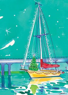 a painting of a sailboat with a christmas tree on it in front of a bridge