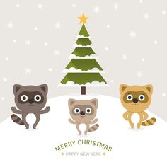 three cute animals standing in front of a christmas tree