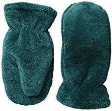 the oven mitt is green and has a long, fuzzy cuff on it's side