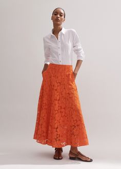 Guipure Lace Skirt | ME+EM Midi Tiered Skirt, Lace Skirt Outfit, Pleated Skirt Winter, Cruise Wardrobe, Lace Skirts, Long Sleeve Embroidered Dress, Skirt Inspiration, Kaftan Designs, Lit Outfits