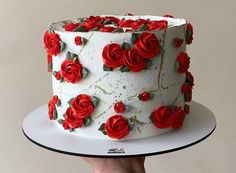 a hand holding a white cake with red roses on it