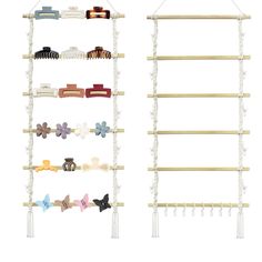 two wooden shelves with hair clips on them