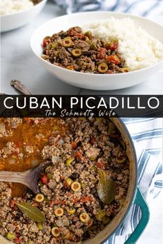 two pictures showing different types of food in the same pan, including rice and meat