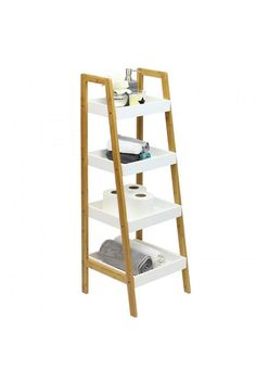 a wooden ladder shelf with three shelves on each side and two drawers below it, in front of a white background