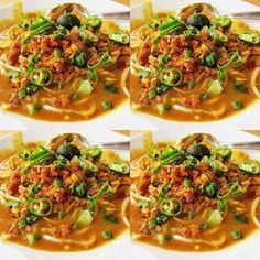 four pictures of different food items on a white plate with chopsticks in each