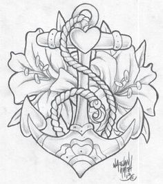 an anchor with roses and hearts on it is drawn in pencil by hand, as well as the word love