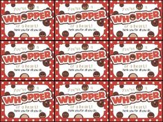 red and white chocolate bar wrappers with the words whopper printed on each one