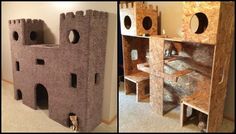 two pictures side by side one shows a castle and the other shows a cat house