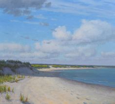 an oil painting of a beach with grass and trees