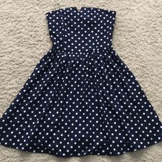 Strapless, Navy Polka Dotted Dress. Cute Small V Neck Line. Nwt Strapless Polka Dot Summer Dress, Chic Strapless Polka Dot Dress, Fiona Core, Polka Dotted Dress, Polka Dot Dresses, Navy Polka Dot Dress, Dotted Dress, Fancy Clothes, Blue Polka Dot Dress