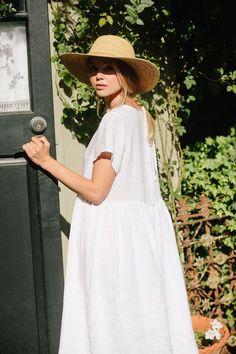 Charlotte Linen Dress - White Linen Dress - MERRITT CHARLES White Breezy Dresses With Relaxed Fit, White Breezy Dress With Relaxed Fit, Flowy White Linen Dress For Spring, Casual Oversized White Linen Dress, White Linen Dress For Day Out, White Flowy Linen Dress For Spring, Oversized White Linen Casual Dress, White Flowy Linen Dress, Flowy Linen Summer Dress For Daywear