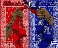 an image of a scarf with the words bloodz in blue and red on it