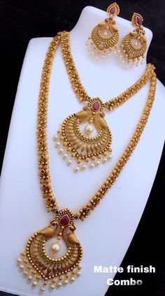 in this, you will get 2 necklaces and a pair of earrings which will match both the sets. can wear individually also. Gold Temple Bridal Necklace, Gold Temple Jewelry Style Necklace, Gold Metal Temple Jewelry Necklace, Gold Brass Jewelry For Festivals, Gold Temple Jewelry Gift, Festival Metal Necklaces With Matching Earrings, Gold Metal Temple Necklace As Gift, Antique Gold Temple Jewelry As Gift, Festival Gold Costume Jewelry Necklaces